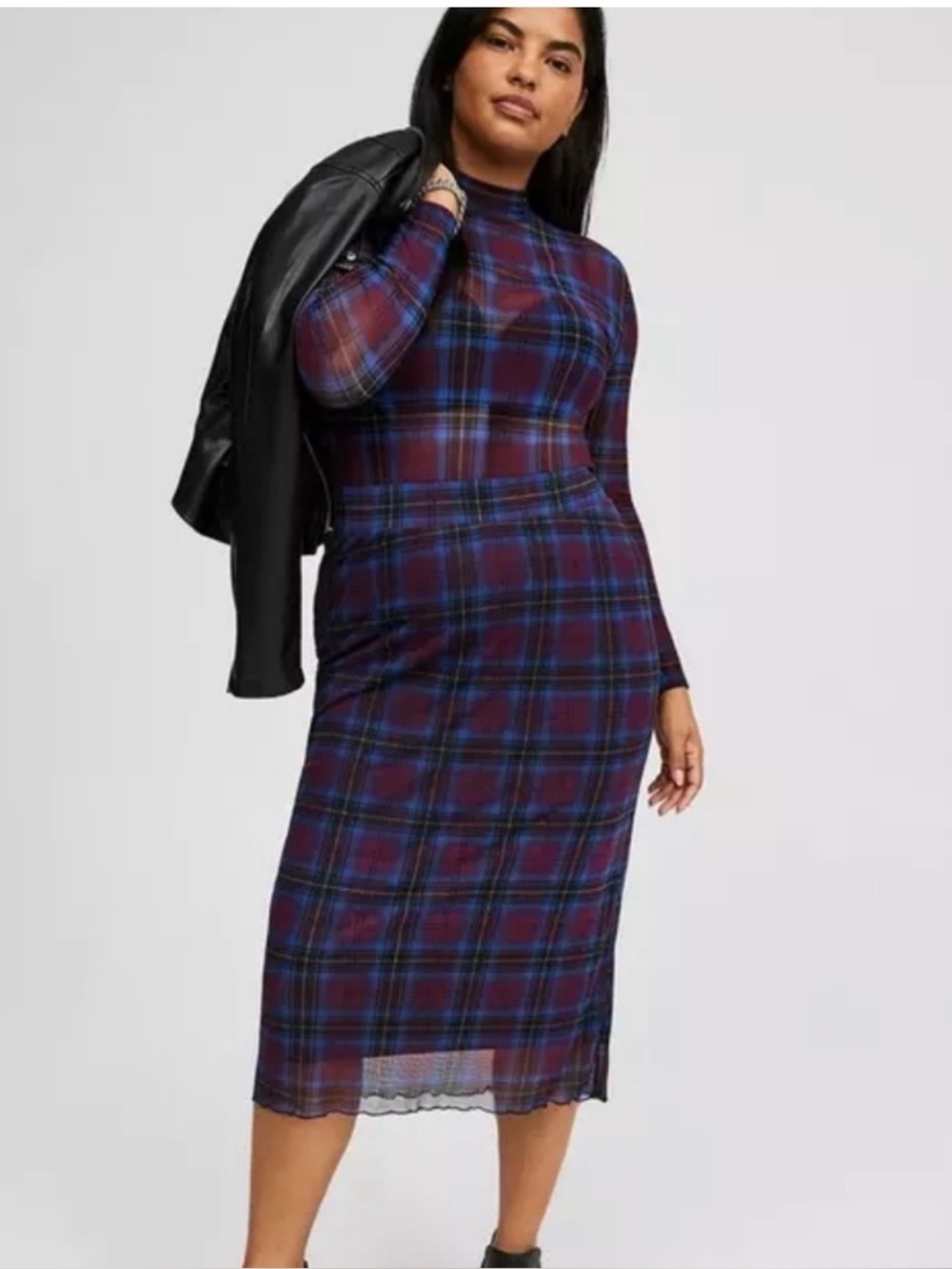 2-piece Set! Plaid Mesh Long-Sleeve Top & Skirt in Navy and Burgundy